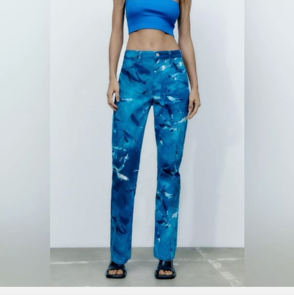 ZARA Ocean Fish Print Straight Leg Jeans XS